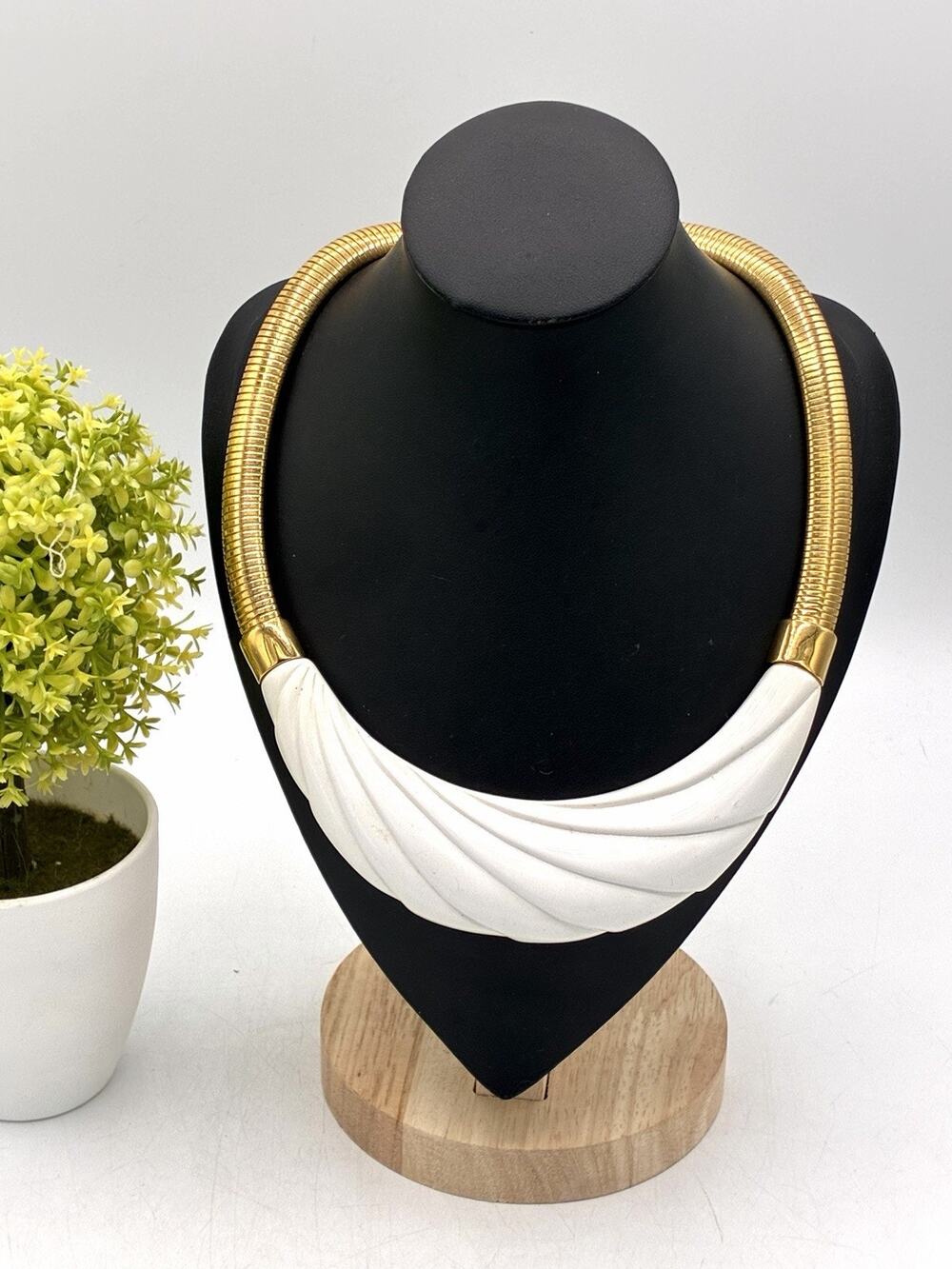 Vintage Monet White Enamel Gold Tone Statement Collar Necklace Sculptural Bib